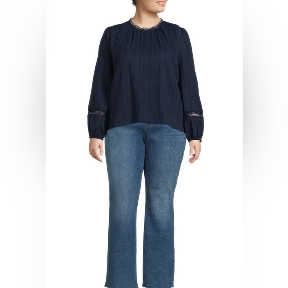 Cottagecore Blouse Navy Blue High Neck Elegant Crochet Lace Accents size 16-18 - Picture 3 of 15